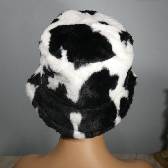 Cute! Stylish SOFT Warm Faux Fur Print Bucket Hat White with Black - Picture 5 of 11
